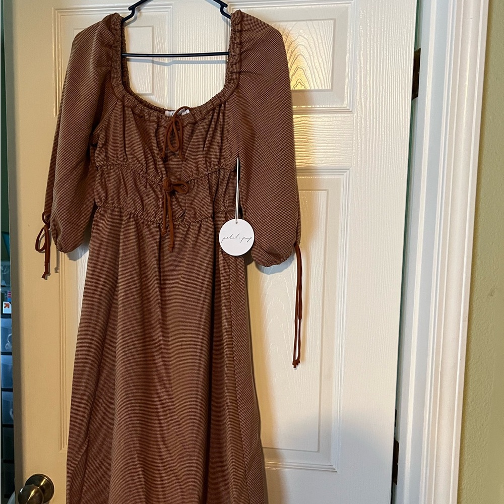 Petal & Pup Brown Puff Sleeve Midi Dress NWT